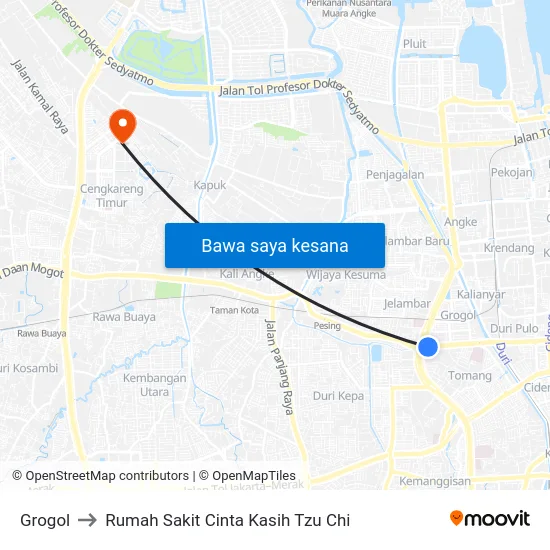 Grogol to Rumah Sakit Cinta Kasih Tzu Chi map