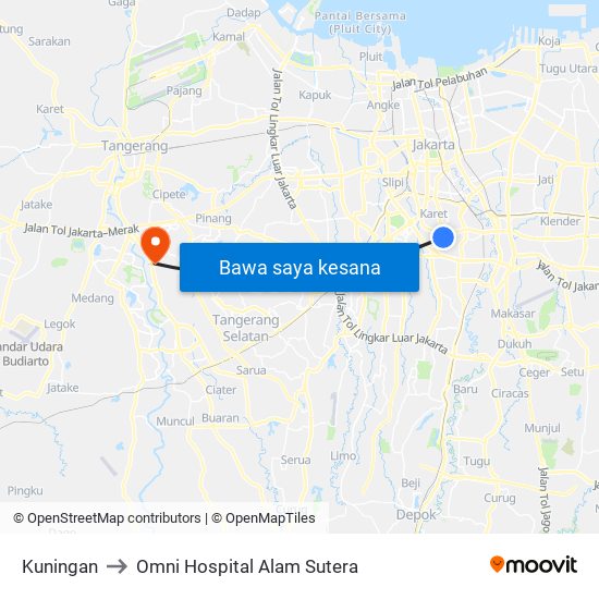 Kuningan to Omni Hospital Alam Sutera map