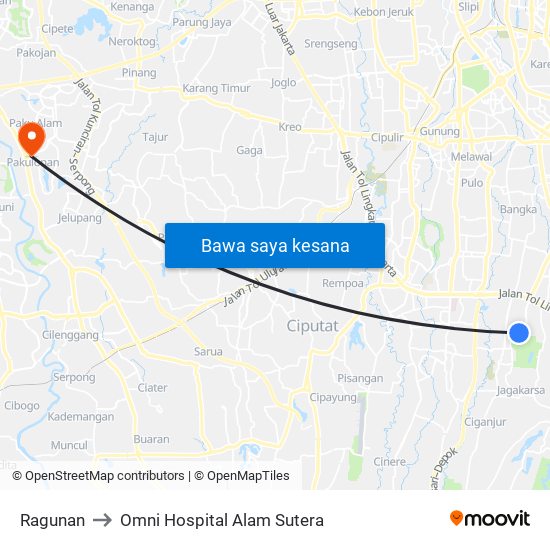 Ragunan to Omni Hospital Alam Sutera map