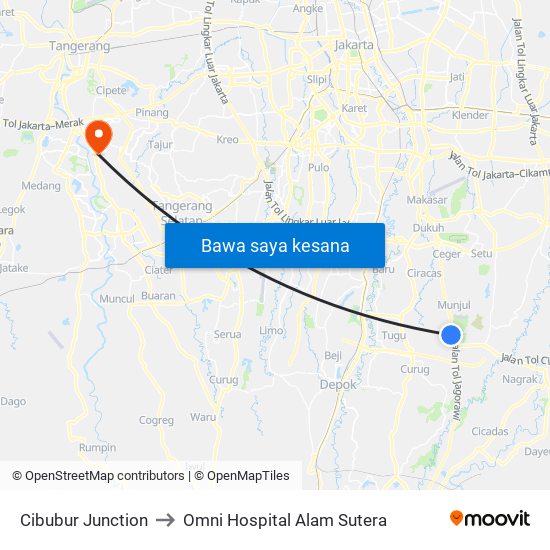 Cibubur Junction to Omni Hospital Alam Sutera map