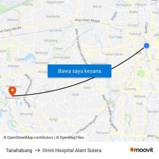 Tanahabang to Omni Hospital Alam Sutera map