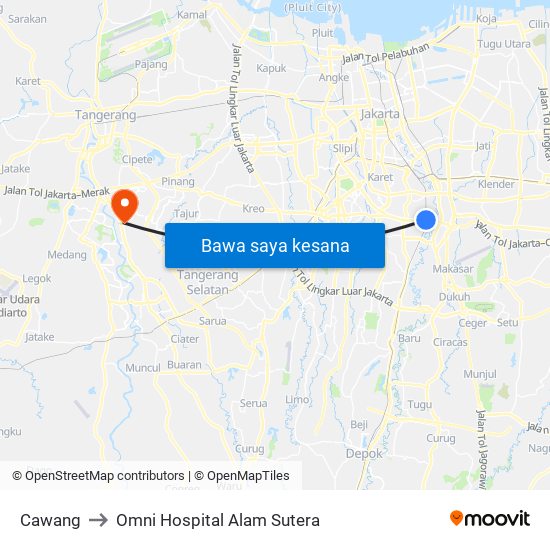 Cawang to Omni Hospital Alam Sutera map