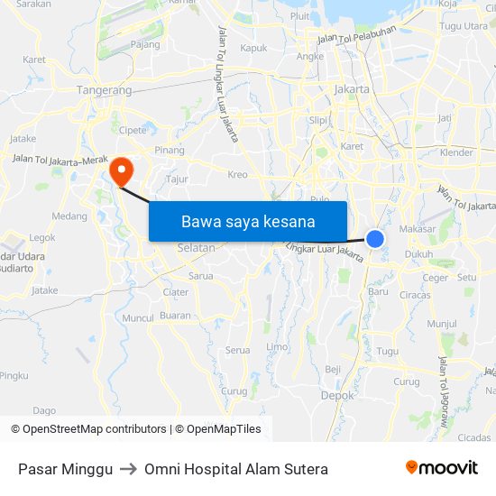 Pasar Minggu to Omni Hospital Alam Sutera map