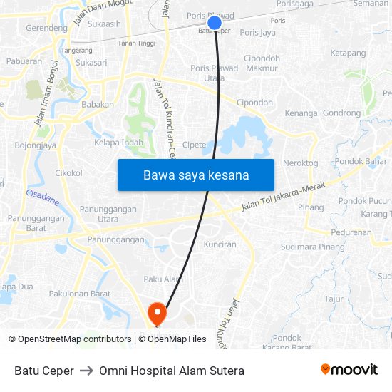 Batu Ceper to Omni Hospital Alam Sutera map