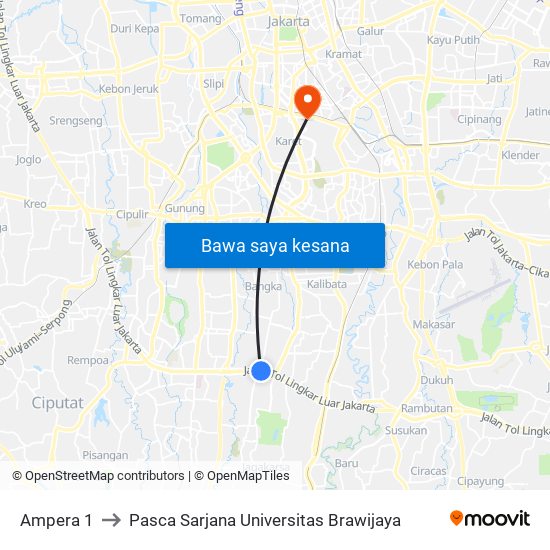 Ampera 1 to Pasca Sarjana Universitas Brawijaya map