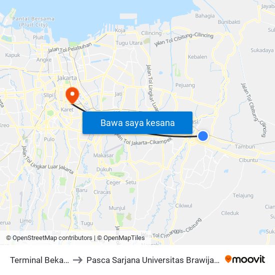 Terminal Bekasi to Pasca Sarjana Universitas Brawijaya map