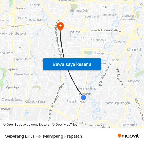 Seberang LP3I to Mampang Prapatan map