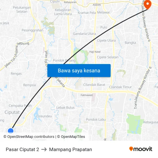 Pasar Ciputat 2 to Mampang Prapatan map