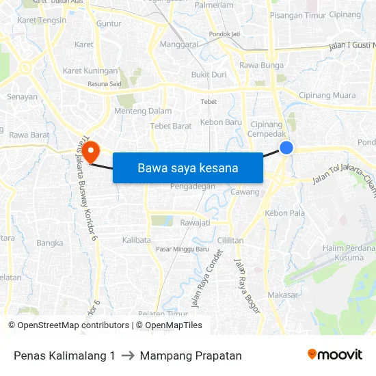 Penas Kalimalang 1 to Mampang Prapatan map