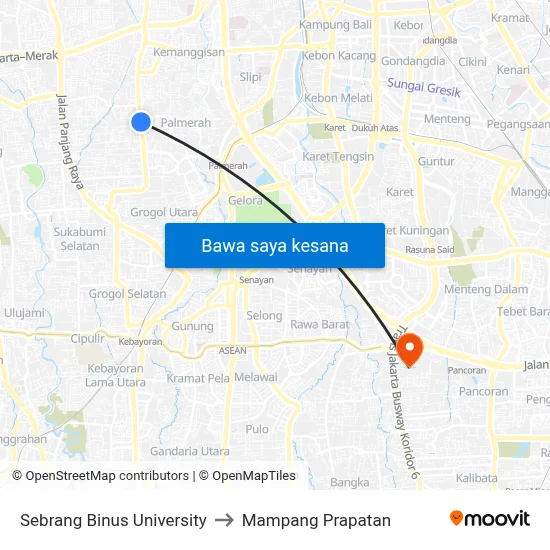 Sebrang Binus University to Mampang Prapatan map