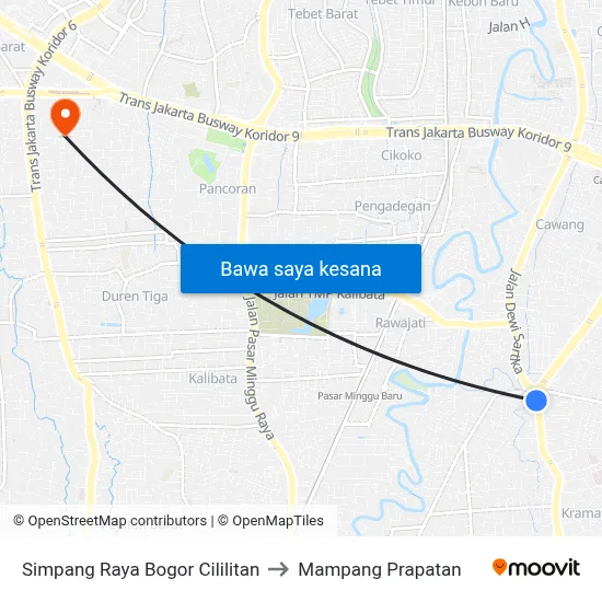 Simpang Raya Bogor Cililitan to Mampang Prapatan map
