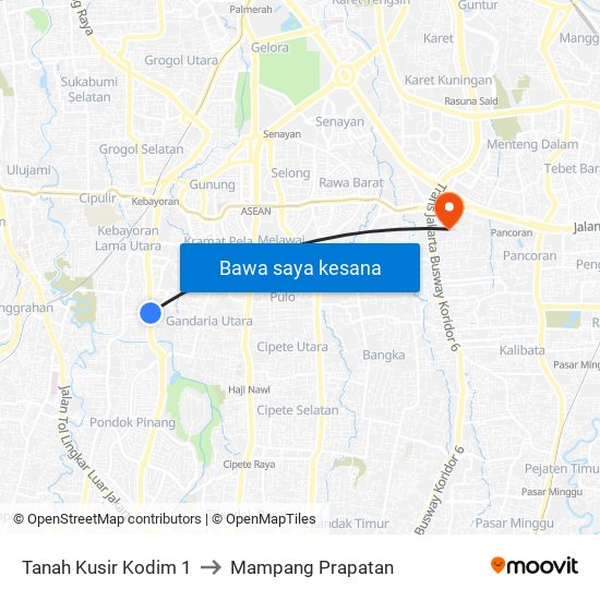 Tanah Kusir Kodim 1 to Mampang Prapatan map