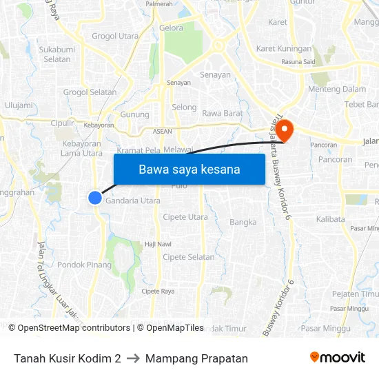 Tanah Kusir Kodim 2 to Mampang Prapatan map