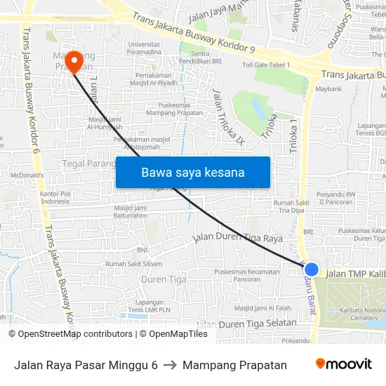 Jalan Raya Pasar Minggu 6 to Mampang Prapatan map