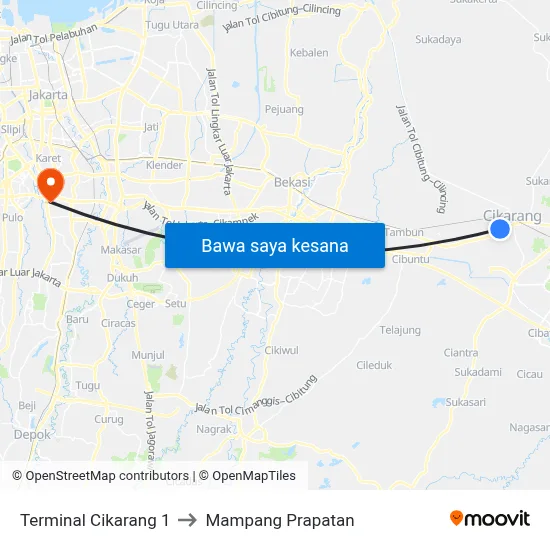 Terminal Cikarang 1 to Mampang Prapatan map