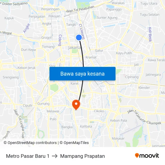 Metro Pasar Baru 1 to Mampang Prapatan map