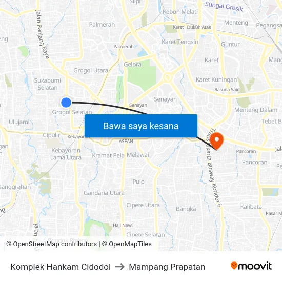 Komplek Hankam Cidodol to Mampang Prapatan map