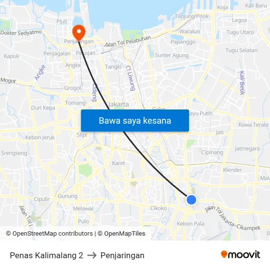 Penas Kalimalang 2 to Penjaringan map