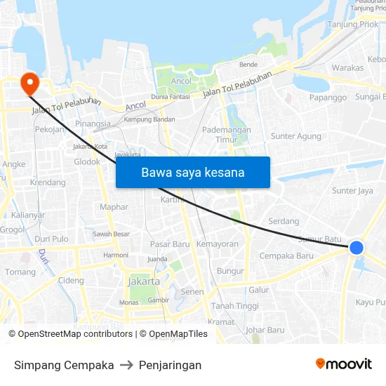 Simpang Cempaka to Penjaringan map