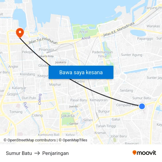 Sumur Batu to Penjaringan map