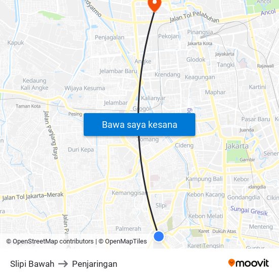 Slipi Bawah to Penjaringan map