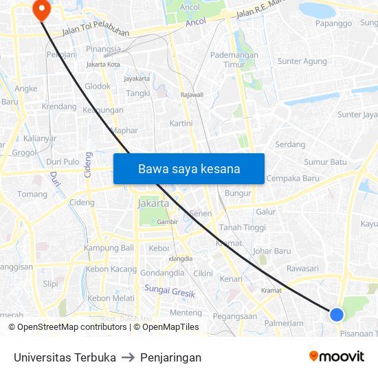 Universitas Terbuka to Penjaringan map