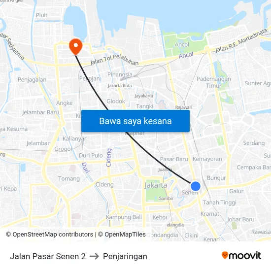 Jalan Pasar Senen 2 to Penjaringan map