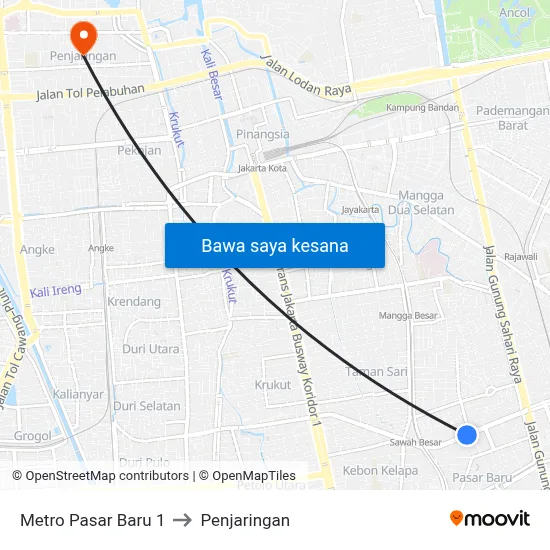 Metro Pasar Baru 1 to Penjaringan map
