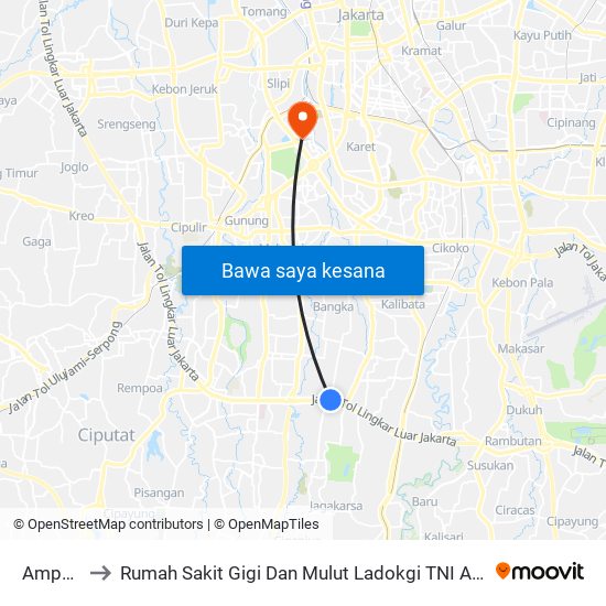 Ampera 1 to Rumah Sakit Gigi Dan Mulut Ladokgi TNI AL R.E Martadinata map