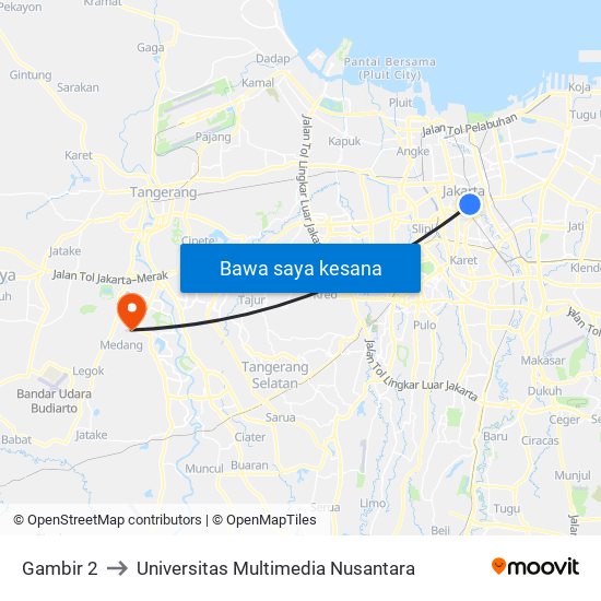 Gambir 2 to Universitas Multimedia Nusantara map