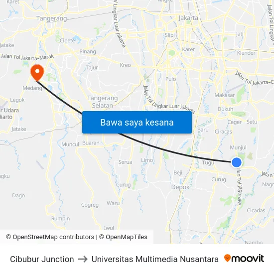 Cibubur Junction to Universitas Multimedia Nusantara map