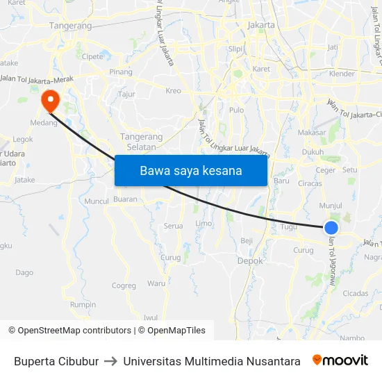 Buperta Cibubur to Universitas Multimedia Nusantara map