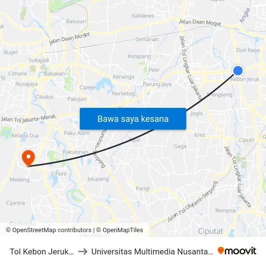 Tol Kebon Jeruk 2 to Universitas Multimedia Nusantara map