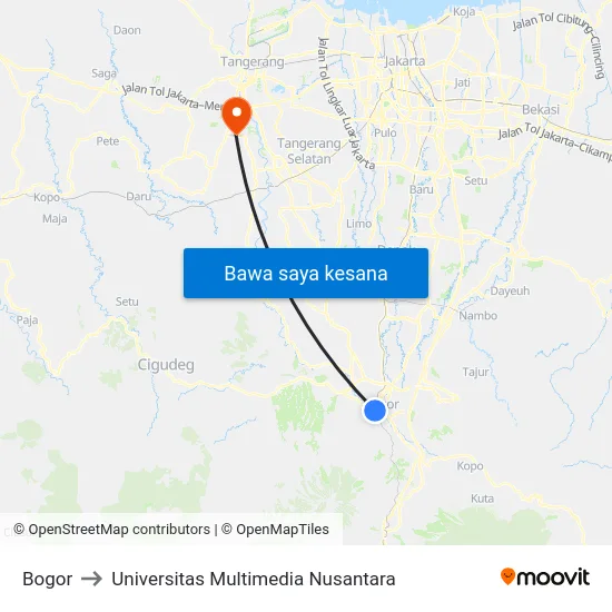 Bogor to Universitas Multimedia Nusantara map