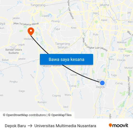 Depok Baru to Universitas Multimedia Nusantara map