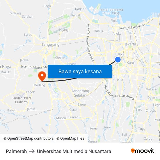 Palmerah to Universitas Multimedia Nusantara map