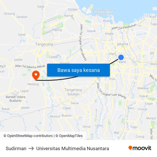 Sudirman to Universitas Multimedia Nusantara map