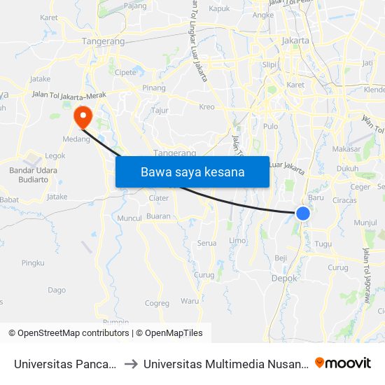 Universitas Pancasila to Universitas Multimedia Nusantara map