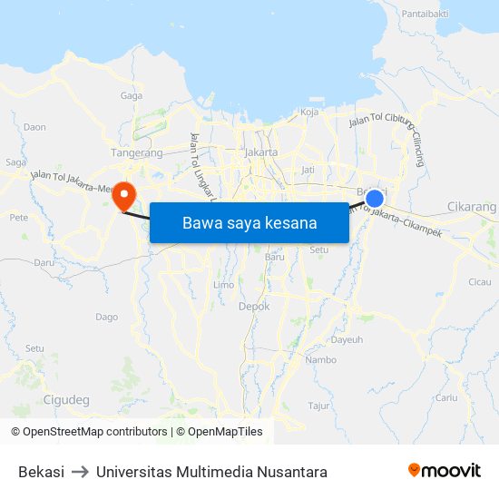 Bekasi to Universitas Multimedia Nusantara map