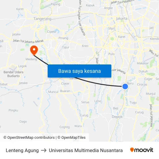 Lenteng Agung to Universitas Multimedia Nusantara map