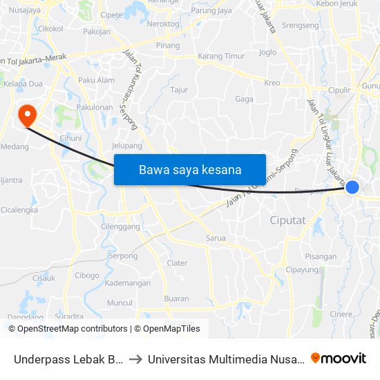 Underpass Lebak Bulus to Universitas Multimedia Nusantara map