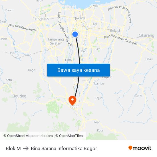 Blok M to Bina Sarana Informatika Bogor map