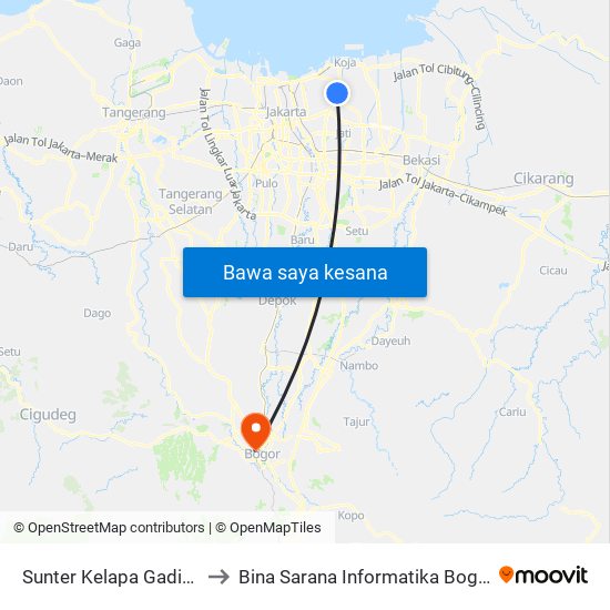 Sunter Kelapa Gading to Bina Sarana Informatika Bogor map