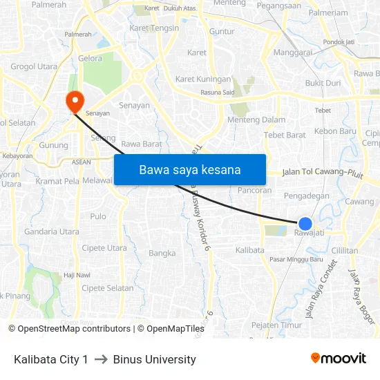 Kalibata City 1 to Binus University map