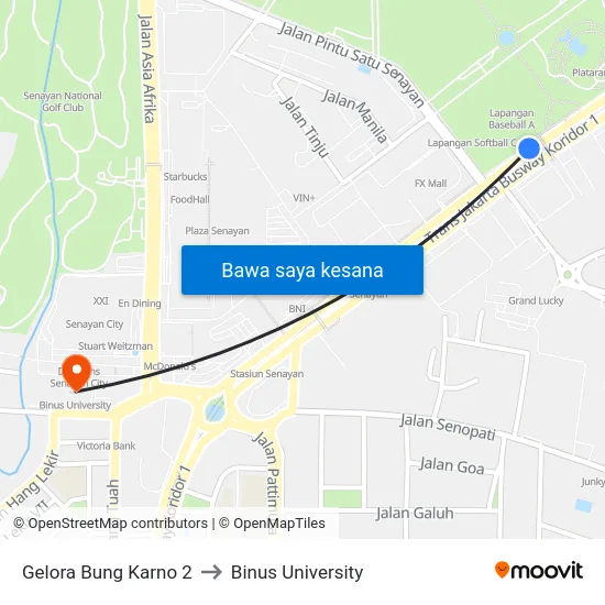 Gelora Bung Karno 2 to Binus University map