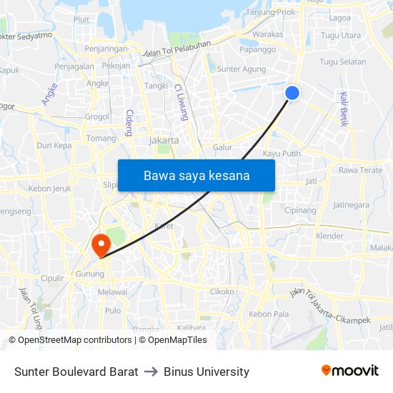 Sunter Boulevard Barat to Binus University map