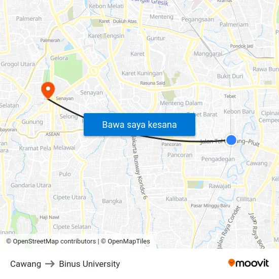 Cawang to Binus University map