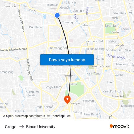Grogol to Binus University map