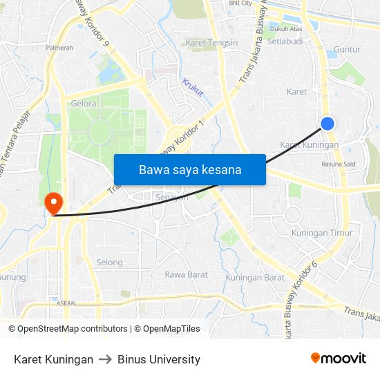 Karet Kuningan to Binus University map