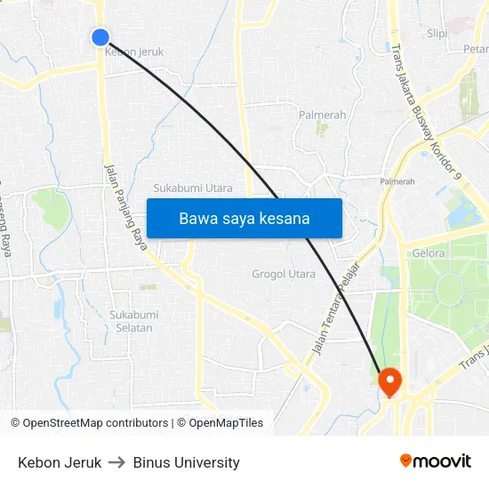 Kebon Jeruk to Binus University map